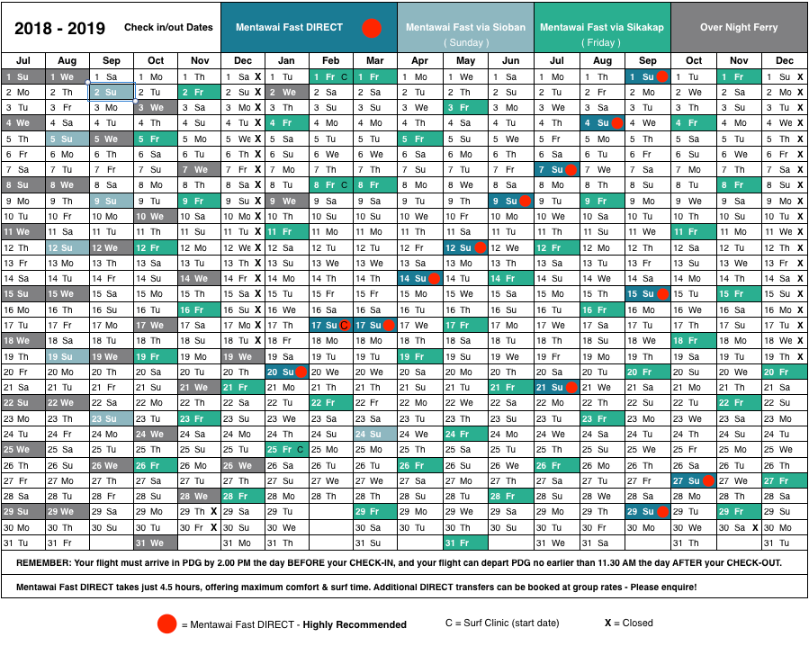 Trip Calendar 2018-2019
